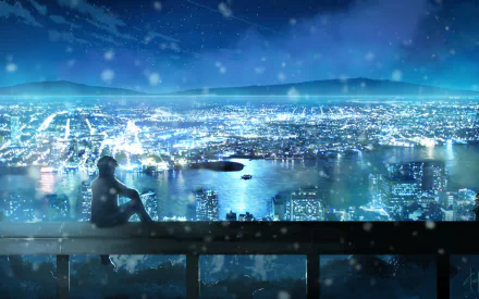 A serene anime scene featuring a figure overlooking a vibrant city illuminated at night, with a calm river reflecting the lights, creating an immersive HD desktop wallpaper.