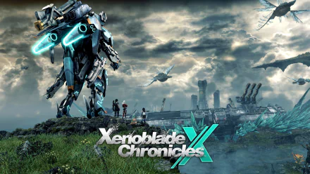 HD desktop wallpaper of Xenoblade Chronicles X featuring a mech and characters in a futuristic landscape under a dramatic sky.