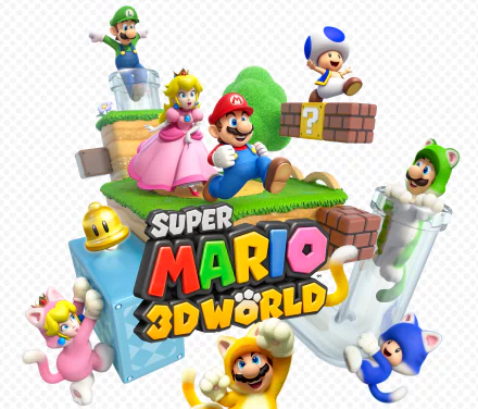 HD desktop wallpaper of Super Mario 3D World featuring Mario, Luigi, Peach, and others in a vibrant in-game setting.