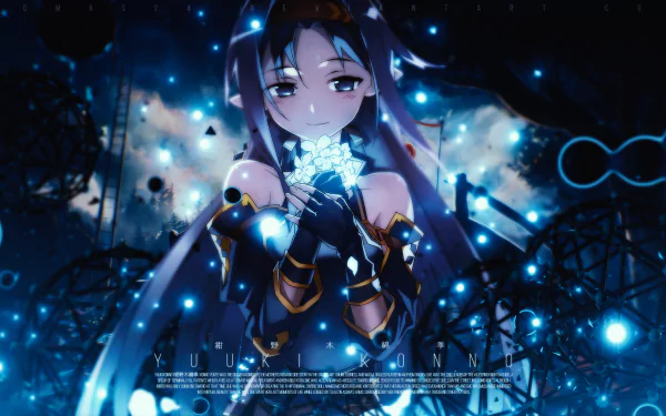 HD wallpaper featuring Yuuki Konno from Sword Art Online II, showcasing a vibrant, ethereal scene with glowing elements against a dark background.