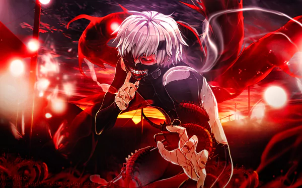 Anime-themed HD wallpaper featuring Ken Kaneki from Tokyo Ghoul with white hair, red eyes, a mask, and kagune, in a dark, intense setting with blood and centipede accents.