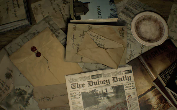 HD PC desktop wallpaper featuring a collection of old letters, a sealed envelope, and a newspaper titled The Dulvey Daily, inspired by Resident Evil 7: Biohazard video game.