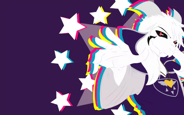 HD wallpaper featuring Asriel from Undertale against a vibrant purple background adorned with stars and rainbow accents, capturing the essence of the beloved video game character.
