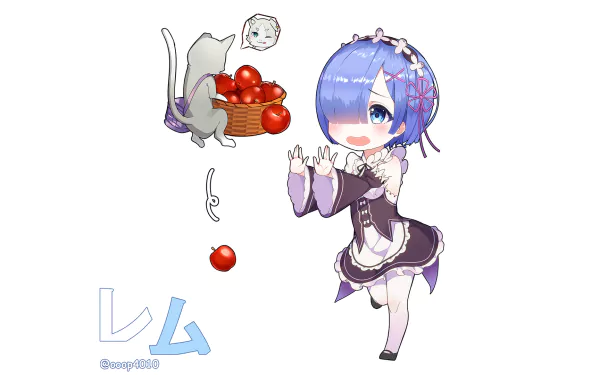 A vibrant HD wallpaper featuring Rem from Re:ZERO, playfully throwing apples with a cat beside her, capturing the charm of the anime Re:Zero - Starting Life in Another World.