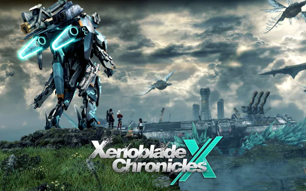 HD desktop wallpaper of Xenoblade Chronicles X featuring a mech and characters in a futuristic landscape under a dramatic sky.