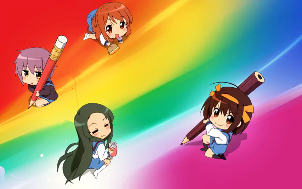 school uniform short hair brown eyes brown hair Tsuruya (Haruhi) Mikuru Asahina Yuki Nagato Haruhi Suzumiya Anime The Melancholy of Haruhi Suzumiya HD Desktop Wallpaper | Background Image