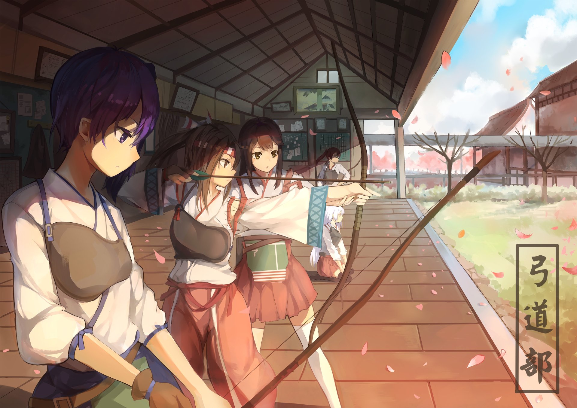 Anime-style HD desktop wallpaper from Kantai Collection featuring three girls practicing archery in a traditional dojo with sunlight streaming through.