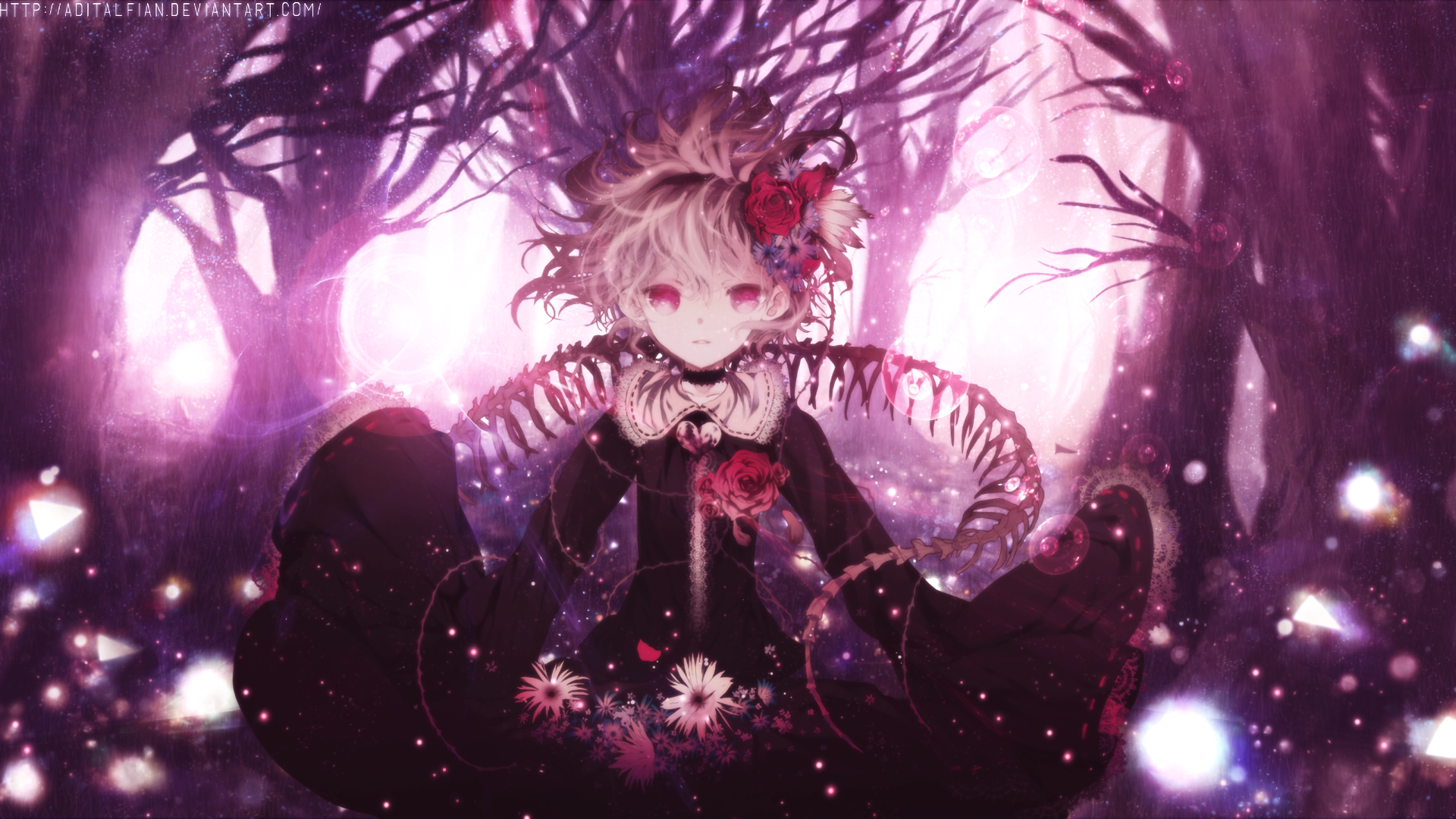 HD anime desktop wallpaper featuring Satori Komeiji from Touhou, set against a mystical, dark forest background with glowing orbs and intricate floral details.