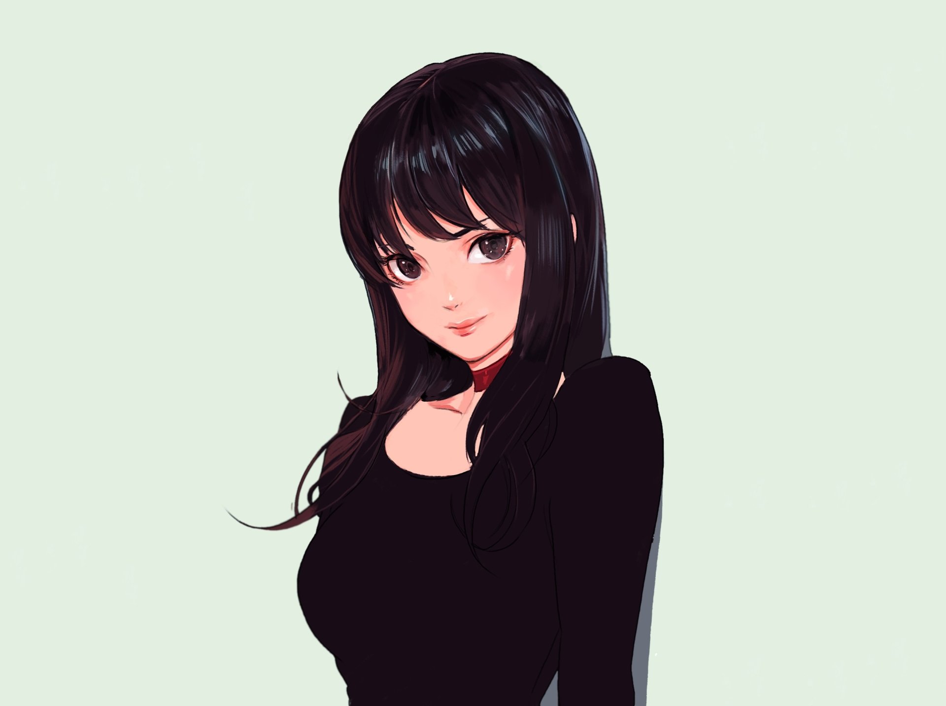 A stylish anime girl with black hair, dressed in black, showcases a captivating pose. This HD desktop wallpaper adds a vibrant touch to any background.