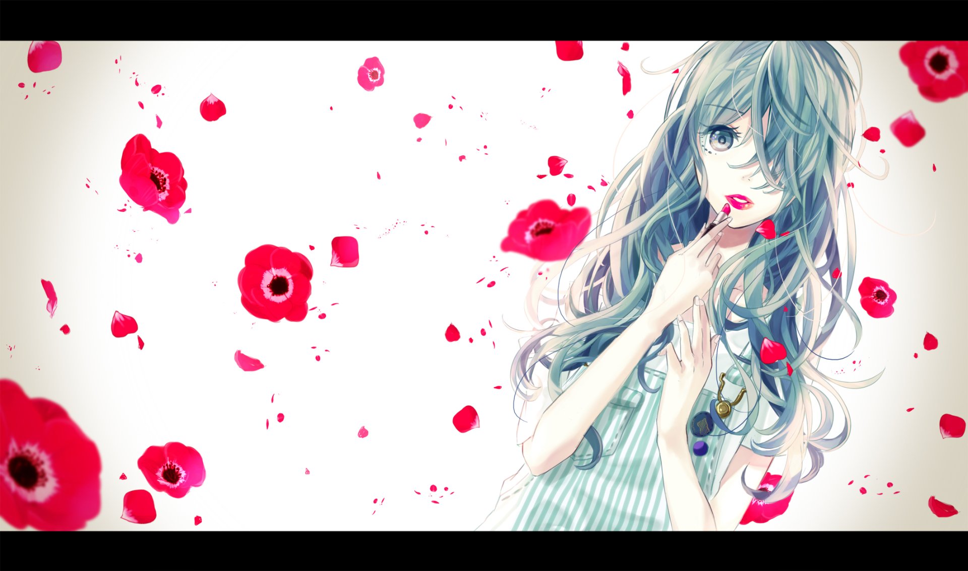 HD anime desktop wallpaper of Hatsune Miku surrounded by vibrant red flowers on a white background, blending floral elements with Vocaloid character art.