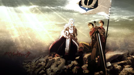 High-definition wallpaper featuring Casca, Guts, and Griffith from the anime Berserk, set against a dramatic landscape with a flag symbolizing their journey.