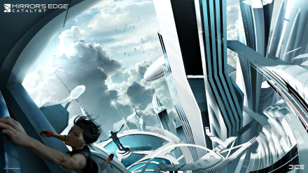 Faith Connors from the video game Mirror's Edge Catalyst clings to a tower above a white-and-blue futuristic skyline; HD PC desktop wallpaper/background showing dynamic parkour and cityscape.