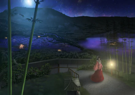 HD PC desktop wallpaper featuring Kaguya Houraisan from the anime Touhou, set in a serene, moonlit bamboo forest with soft glowing lights and a starry night sky.