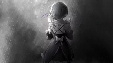 HD desktop wallpaper and background featuring Rem from Re:Zero - Starting Life in Another World, standing alone in the rain in a black and white scene.
