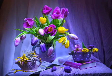 A stunning still life featuring vibrant purple and yellow tulips arranged in a pitcher, complemented by smaller floral displays, books, and a soft curtain backdrop.