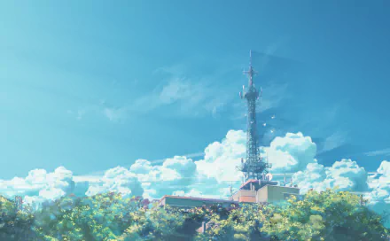 An anime-style HD desktop wallpaper featuring a tall communication tower set against a bright blue sky and fluffy white clouds, surrounded by lush green foliage.
