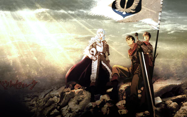High-definition wallpaper featuring Casca, Guts, and Griffith from the anime Berserk, set against a dramatic landscape with a flag symbolizing their journey.
