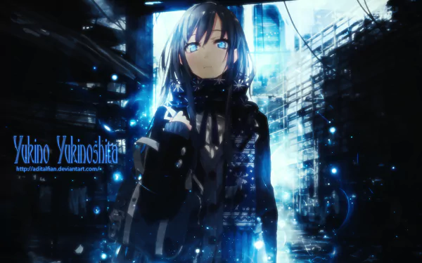 HD PC desktop wallpaper featuring Yukino Yukinoshita from the anime My Teen Romantic Comedy SNAFU, set against a futuristic cityscape with glowing blue highlights.