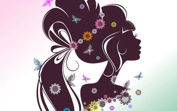Artistic vector drawing of a flower-adorned female silhouette with butterflies, designed as an 8K Ultra HD PC desktop wallpaper and background.