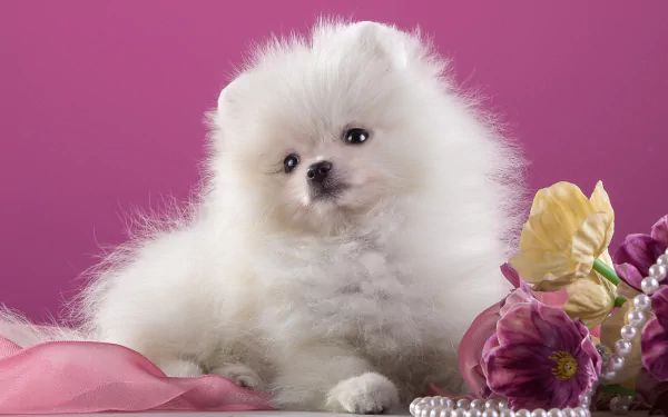 A fluffy white Pomeranian puppy rests among pearl beads and pink and yellow flowers against a vibrant pink background in this HD desktop wallpaper.