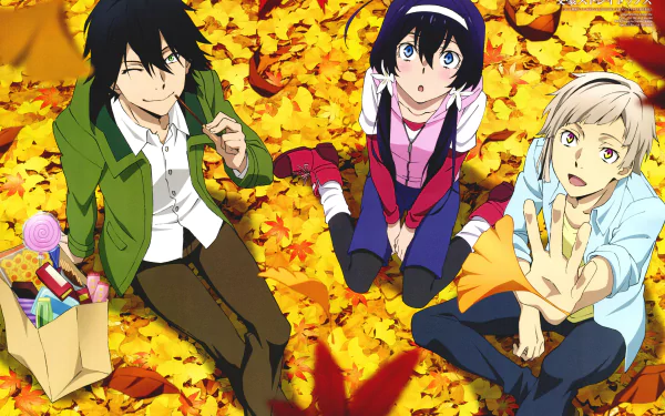 Three characters from the anime Bungou Stray Dogs are seated on a vibrant carpet of autumn leaves, surrounded by playful items, in this striking 8K Ultra HD desktop wallpaper.