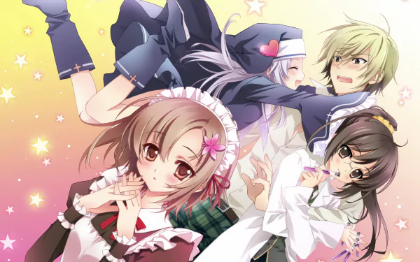 An HD wallpaper featuring characters Maria Takayama, Rika Shiguma, Yukimura Kusunoki, and Kodaka Hasegawa from the anime Boku Wa Tomodachi Ga Sukunai, set against a colorful background.