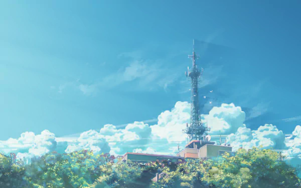 An anime-style HD desktop wallpaper featuring a tall communication tower set against a bright blue sky and fluffy white clouds, surrounded by lush green foliage.
