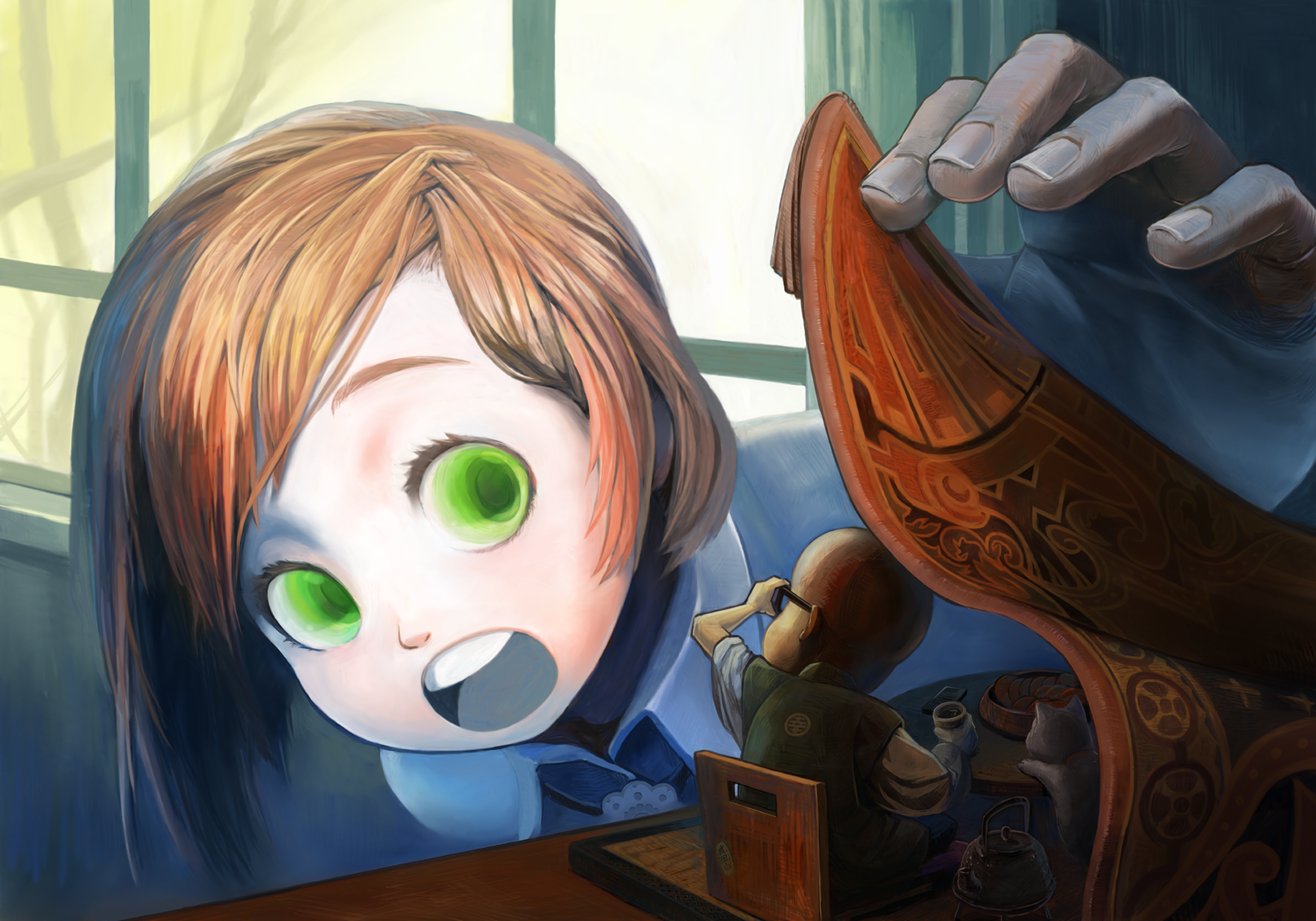 Anime original HD PC desktop wallpaper: wide-eyed green-eyed child peeks from shadow, reaching into an ornate wooden box of tiny toys, warm window light behind.