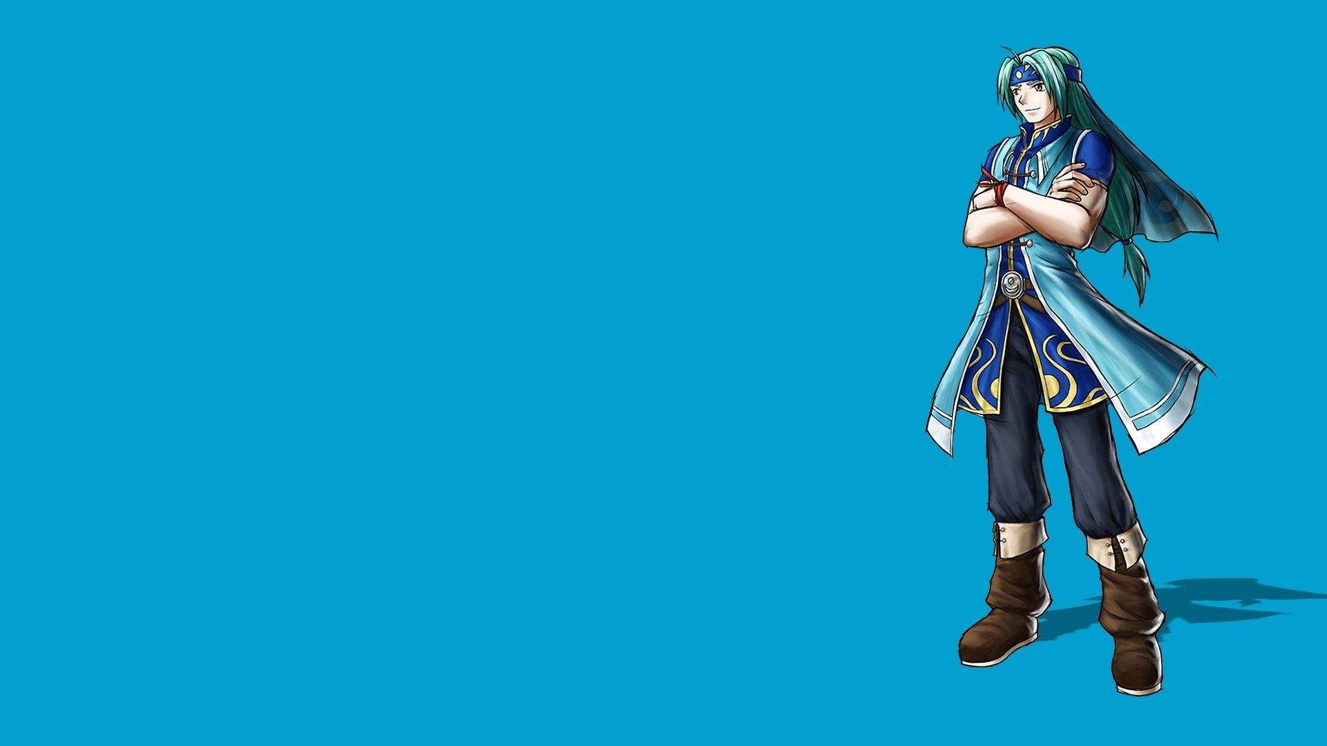 HD PC desktop wallpaper featuring a character from the video game Golden Sun standing confidently against a solid blue background.