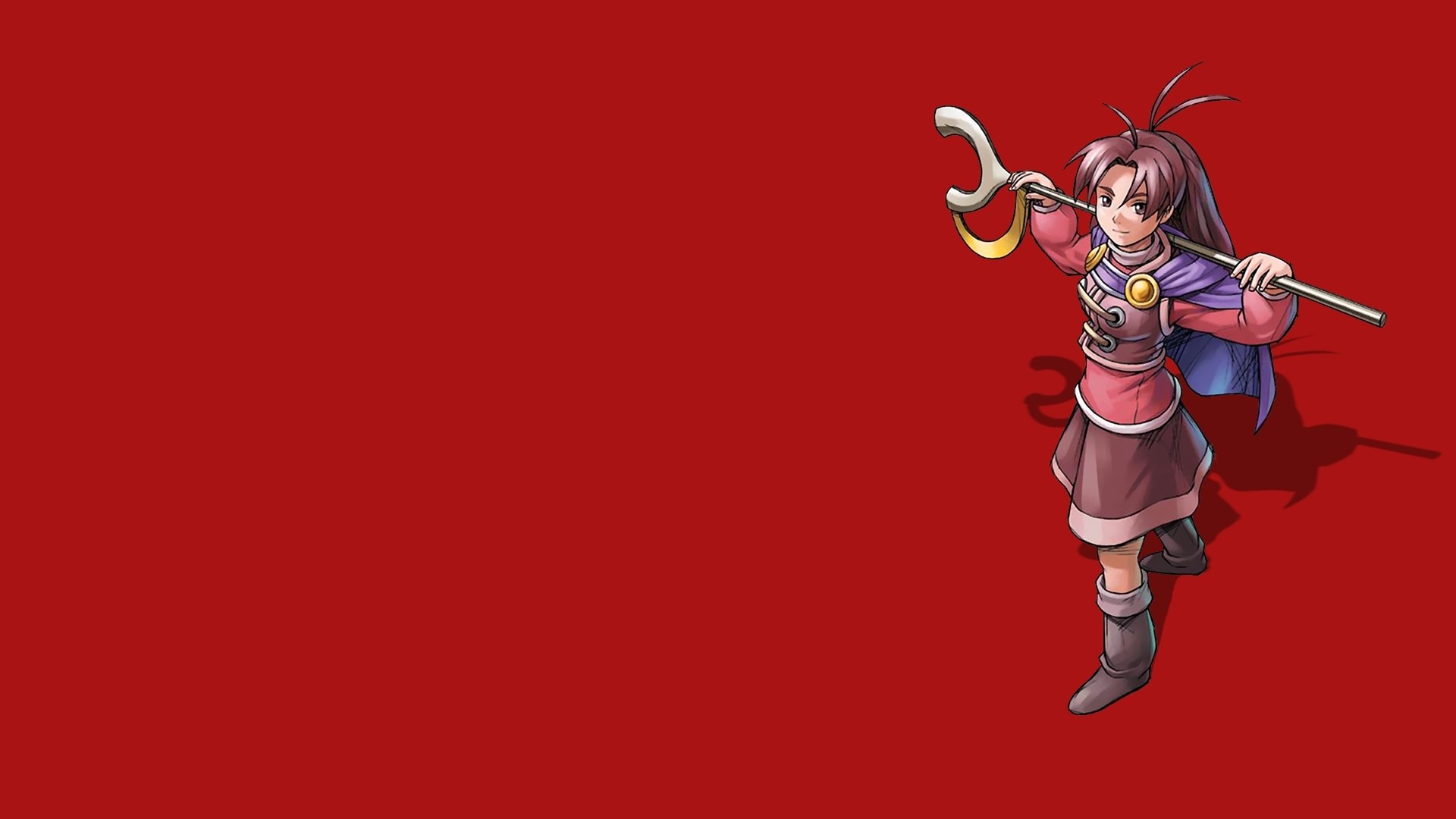 HD PC desktop wallpaper featuring Jenna from the video game Golden Sun, set against a solid red background.