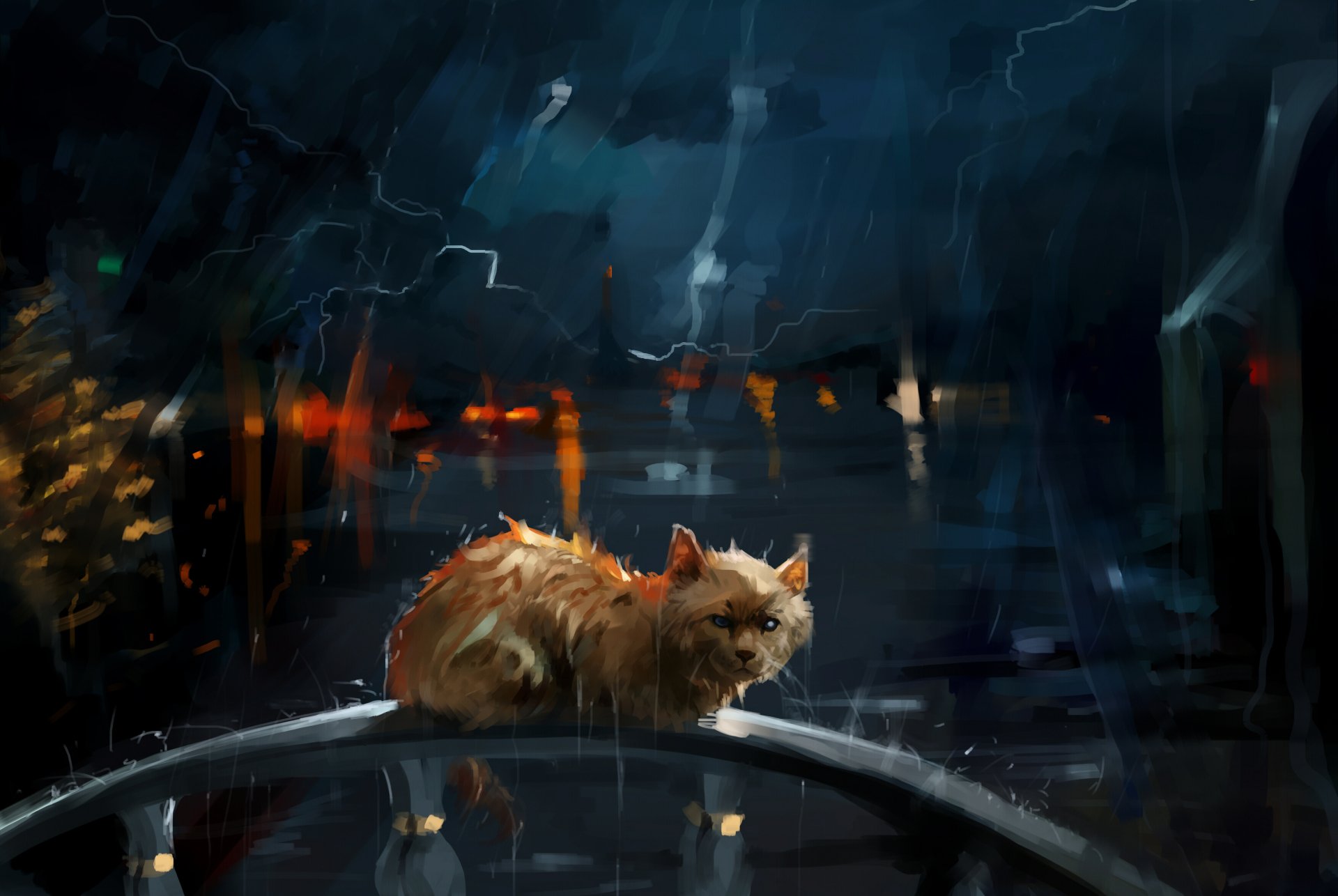 Artistic HD PC desktop wallpaper of a cat sitting in the rain during a stormy night, with dark, moody colors and lightning illuminating the scene.