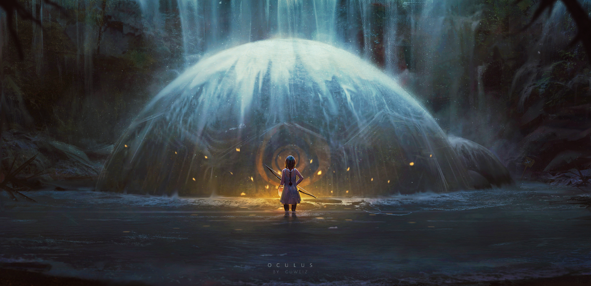 Anime-themed HD desktop wallpaper featuring a mystical scene with a figure standing before a glowing, dome-shaped structure beneath a waterfall. Tags: Anime, Original.