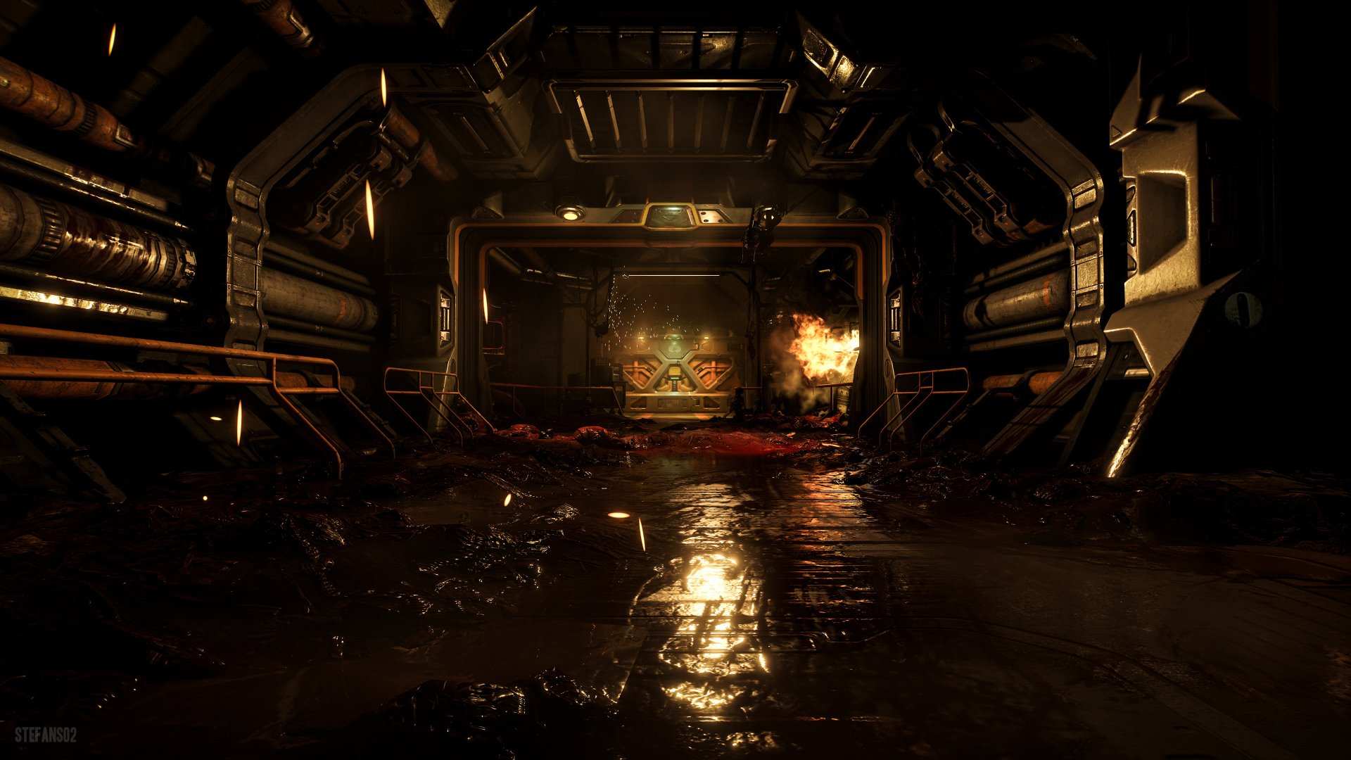 A dark, atmospheric corridor from the video game Doom (2016), featuring slick surfaces, industrial elements, and hints of chaos, captured in stunning 4K Ultra HD.