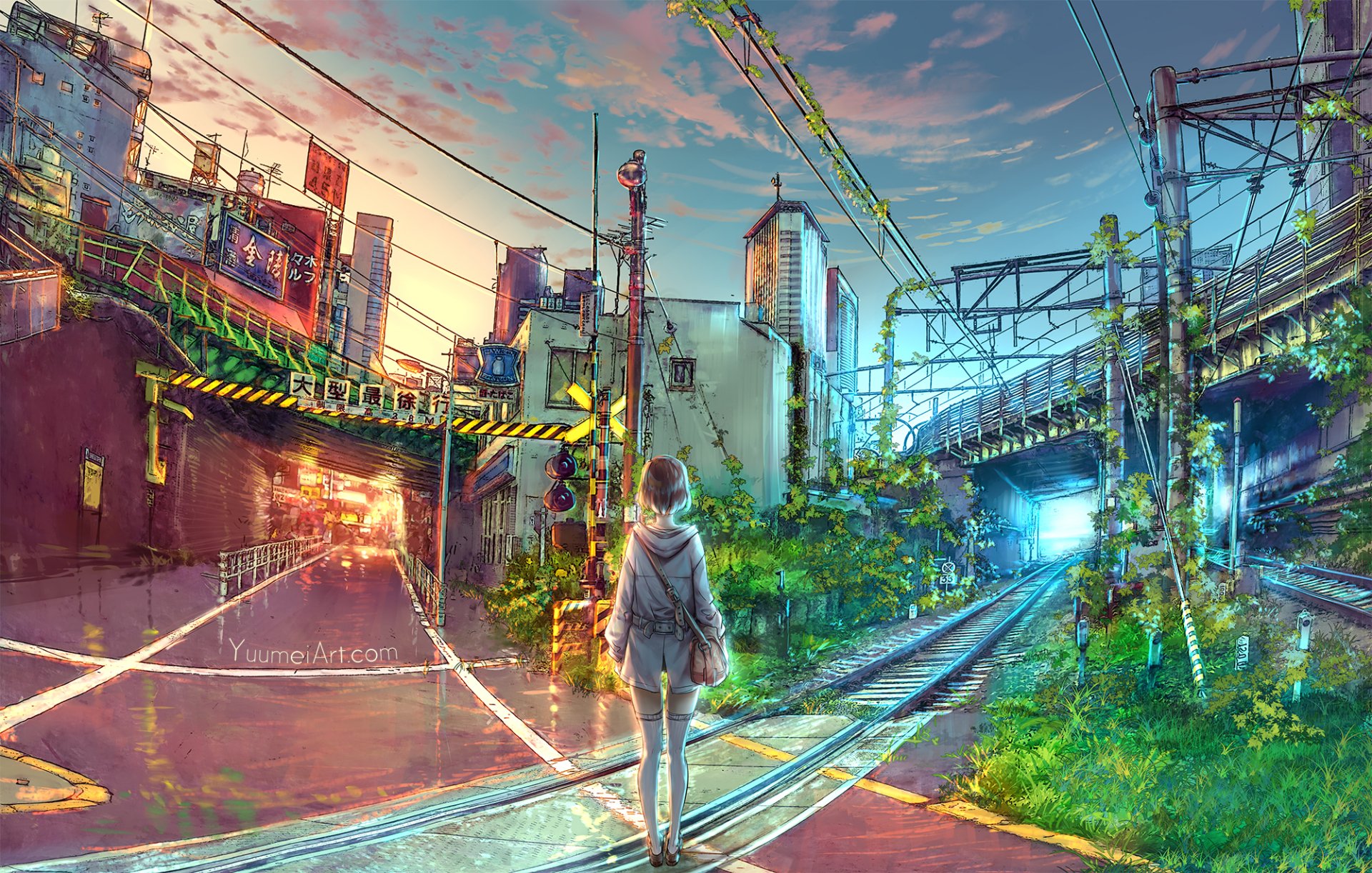 HD anime original desktop wallpaper featuring a lone figure standing at a railway crossing, blending urban scenery with vibrant, detailed artwork.