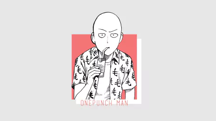 Saitama from One-Punch Man enjoying a drink, depicted in a minimalist style. This HD wallpaper captures the essence of the anime character for desktop backgrounds.