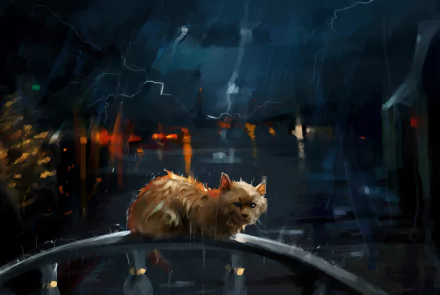 Artistic HD PC desktop wallpaper of a cat sitting in the rain during a stormy night, with dark, moody colors and lightning illuminating the scene.