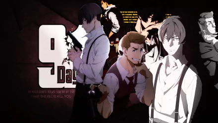 An HD desktop wallpaper featuring characters Nero Vanetti, Avilio Bruno, and Angelo Lagusa from the anime 91 Days, set against a dark, dramatic background.