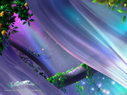 An artistic and fantasy-themed HD desktop wallpaper featuring flowing curtains, vibrant colors, and lush greenery, creating a dreamy atmosphere.
