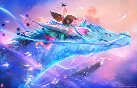 HD desktop wallpaper featuring Chihiro from Studio Ghibli's Spirited Away, flying on a vibrant, blue dragon amidst a dreamy, colorful background.