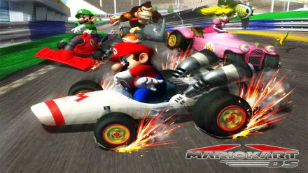 HD PC desktop wallpaper featuring dynamic characters from Mario Kart DS racing on a vibrant track with sparks flying from the wheels during an intense race.