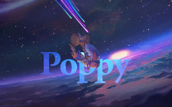 A vibrant HD desktop wallpaper featuring Poppy from League of Legends, set against a cosmic background with colorful light streaks, highlighting the Star Guardians theme.