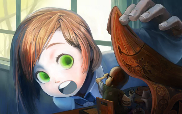 Anime original HD PC desktop wallpaper: wide-eyed green-eyed child peeks from shadow, reaching into an ornate wooden box of tiny toys, warm window light behind.