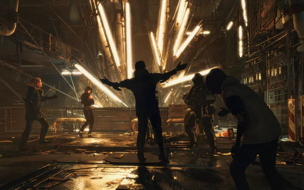 Deus Ex: Mankind Divided 4K Ultra HD PC wallpaper — silhouetted augmented figure stands arms outstretched as sparks fly, surrounded by armed agents in a dark, industrial action scene.