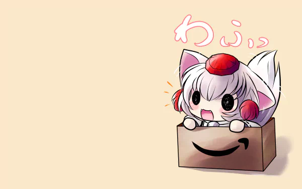 Chibi-style Momiji Inubashiri from Touhou anime, depicted as a cute white wolf girl peeking out of a cardboard box, set against a soft beige background.