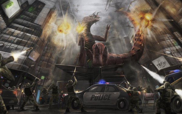 Fantasy Godzilla Soldier Battle Lizard City Giant Kaiju Rampage Destruction HD Wallpaper | Background Image