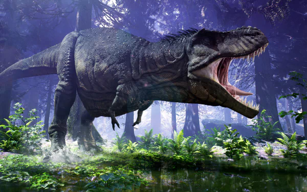 A captivating HD desktop background featuring a roaring Tyrannosaurus Rex in a lush, mystical forest setting, surrounded by vibrant ferns and soft mist.