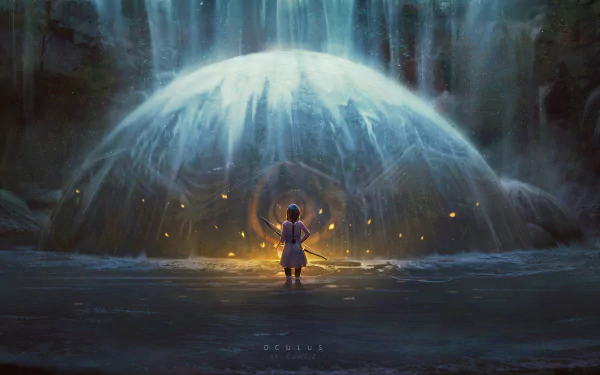 Anime-themed HD desktop wallpaper featuring a mystical scene with a figure standing before a glowing, dome-shaped structure beneath a waterfall. Tags: Anime, Original.