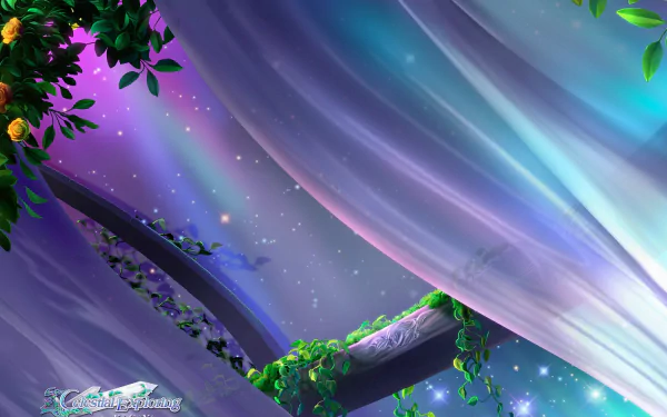 An artistic and fantasy-themed HD desktop wallpaper featuring flowing curtains, vibrant colors, and lush greenery, creating a dreamy atmosphere.