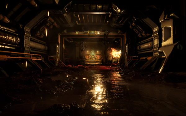 A dark, atmospheric corridor from the video game Doom (2016), featuring slick surfaces, industrial elements, and hints of chaos, captured in stunning 4K Ultra HD.