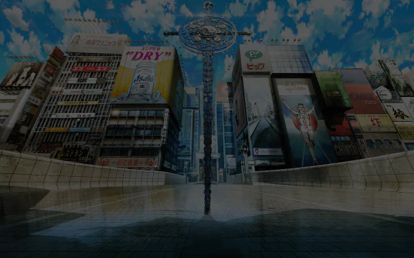A vibrant HD wallpaper depicting a cityscape from the anime Hand Shakers, featuring tall buildings and a striking metallic structure against a blue sky filled with clouds.